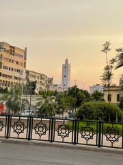 Mosque minaret with a silhouette sunset sky