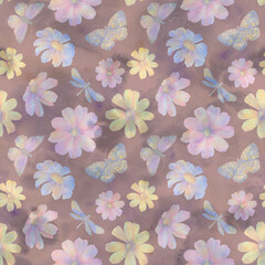 Seamless botanical pattern. Watercolor flowers and butterflies in delicate shades.