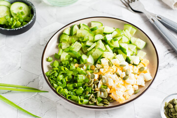 Fresh salad of cucumber, boiled egg and green onion on a plate on the table. Ketogenic diet. Close-up