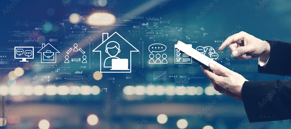 Poster remote work theme with businessman using a tablet computer