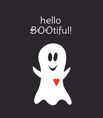 Ghost card. Hello beautiful. Funny ghost with heart for Halloween. Flat, cartoon, vector
