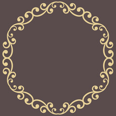 Oriental round frame with arabesques and floral elements. Floral golden round border with vintage pattern. Greeting card with place for text