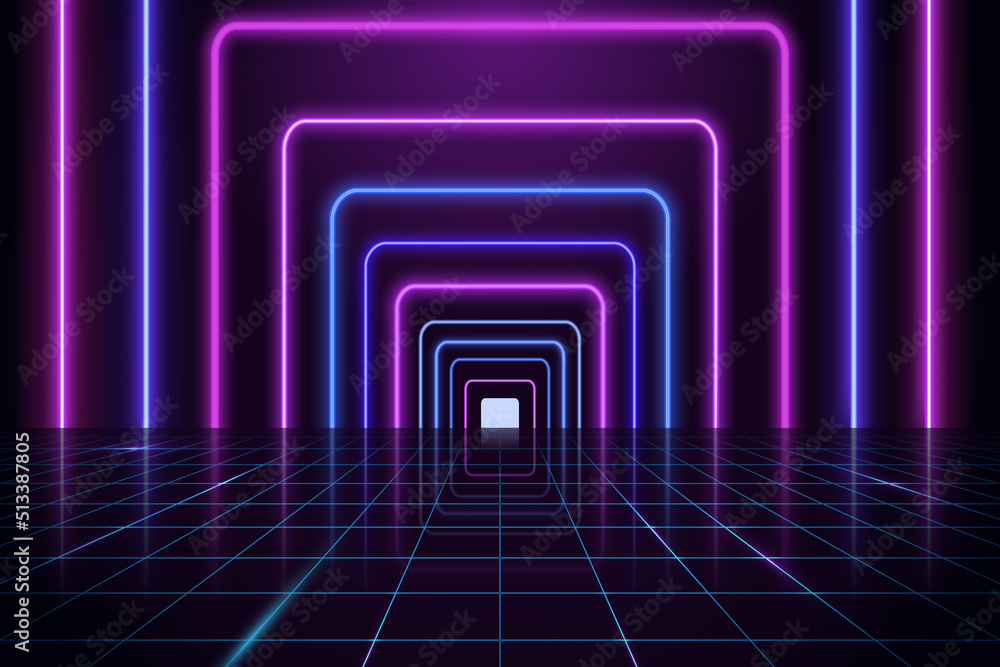Aufkleber dark background with glowing neon rectangles and perspective grid. glowing light frames and out refl