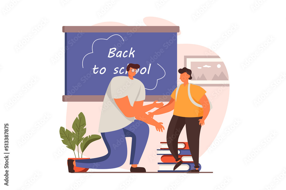 Aufkleber school teacher web concept in flat design. teacher greets student with beginning of school year. sch