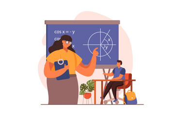 School teacher web concept in flat design. Woman tutor points to blackboard and explains mathematics.Schoolboy learning in lesson. Education and gain knowledge. Vector illustration with people scene
