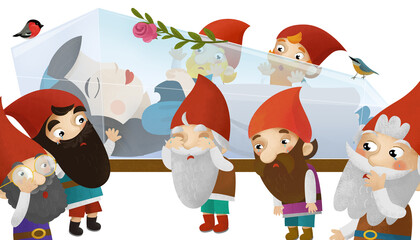 cartoon scene princess magical sleeping and dwarfs illustration