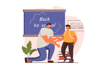 School teacher web concept in flat design. Teacher greets student with beginning of school year. Schoolboy go to class and learning. Education and gain knowledge. Vector illustration with people scene