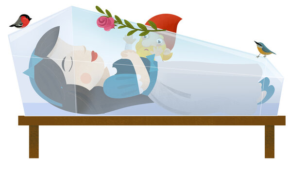 cartoon scene with princess sleeping and dwarfs illustration