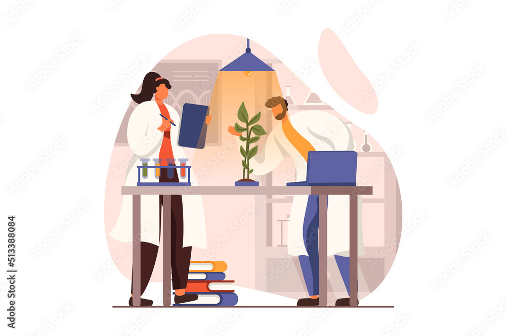 Poster science laboratory web concept in flat design. man and woman scientists are studying plant on lab eq