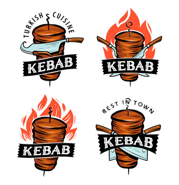 Doner Kebab with knives. Labels for Turkish and Arabian fast food restaurant. Rotating spit with fried meat logo