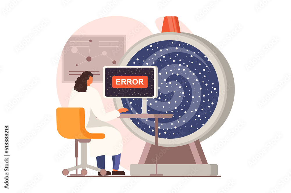 Aufkleber Science laboratory web concept in flat design. Woman scientist examining electrons or other particles in lab and working with special machines and computer. Vector illustration with people scene