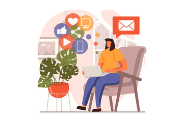 Social media marketing web concept in flat design. Woman browsing content and ads online, chatting and posting, receive promo emails. Advertisement and promotion. Vector illustration with people scene