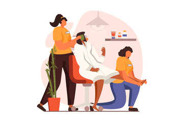 Spa salon web concept in flat design. Professional cosmetologist makes facial mask and beauty skin care procedure, masseuse making massage foots of female client. Vector illustration with people scene