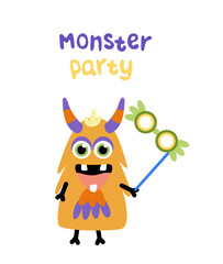 Monster party. Jolly orange monster with antler and carnival mask. Flat, cartoon, vector