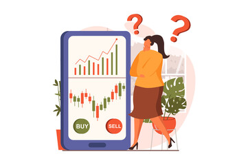 Stock market web concept in flat design. Woman broker analyzing trends and researching market, creates strategy, thinks and decides to sell or buy stocks in app. Vector illustration with people scene