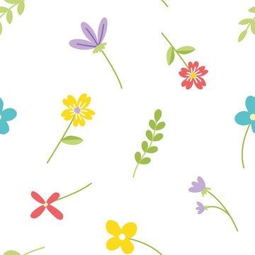 Floral seamless pattern with colorful simple flowers. Flat, cartoon, vector