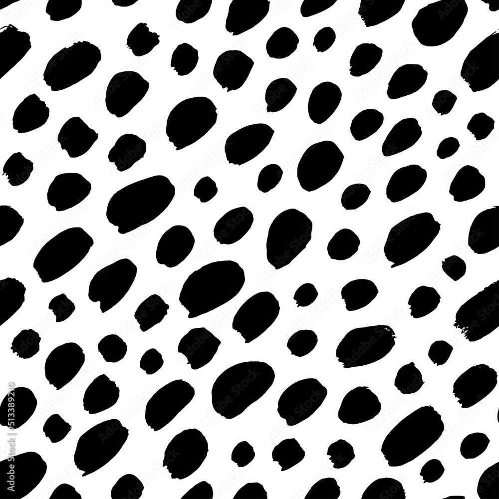 Poster Stylish simple polka dot seamless pattern. Diagonal vector black small brush strokes. Black uneven specks, spots, ink blobs. Dots of different size texture. Abstract monochrome background.