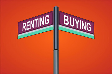 Renting on one side with Buying another direction, chrome road sign, with read and green direction arrow labels, Halloween Orange Background.