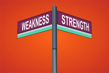 Weakness on one side with Strength another direction, chrome road sign, with read and green direction arrow labels, Halloween Orange Background.