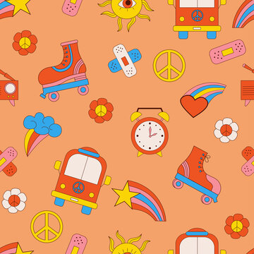 Retro psychedelic seamless patterns, groovy hippie backgrounds. Vector hippy pattern with 70s, 80s, 90s vibes groovy elements. Cartoon funky flower, band-aid, bus, sun, rainbow on orange background