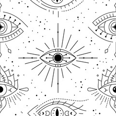 Evil eyes seamless pattern. Line art various talismans, protection. Flat design monochrome modern trendy design