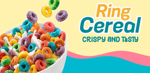 crispy and tasty ring cereal ad banner. Multicolored cereal with little milk in the bowl.