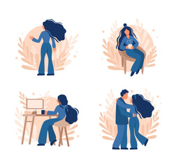 Set of illustrations with the daily life of a girl (woman). 4 illustrations: girl, coffee break, work (office), romantic relationship. Vector, design