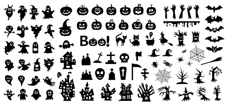 Set of silhouettes of Halloween on a white background. Vector illustration