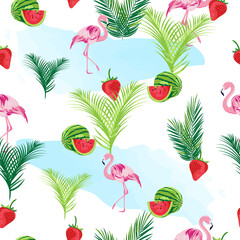 Tropical seamless pattern. Beach with flamingos, watermelon, strawberries and palm trees. Prints, packaging design, bedding, clothing and wallpaper.