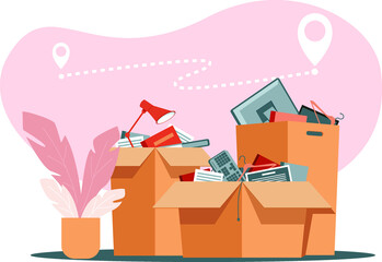 Cardboard boxes with various household items prepared for transportation. The concept of moving to a new place. Delivery of goods to different locations. Stock vector illustration.