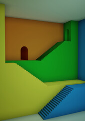 カラフルな階段　出入口　3DCG　部屋　背景