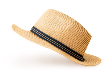 Studio photo of a flying straw hat isolated on white. The concept of fashion and vacation at the...