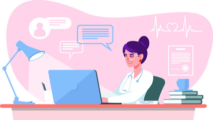 A woman doctor in a white uniform sits at her desk and gives online health consultations via the Internet. The concept of online medicine. A remote consultation by a doctor to a sick person. 
