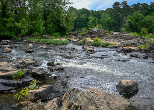 A Beautiful Landscape Of Whitewater Rapids On The Haw River In The Forest In North Carolina In Summer.