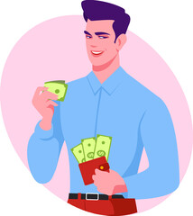 A man is holding a purse with money in his hand. The guy is paying with cash for services. The concept of making a cash payment. Stock vector illustration