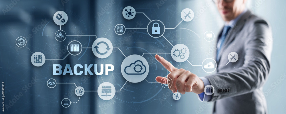 Poster backup storage data technology concept. businessman touching backup