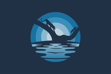 Leopard or cheetah logo night landscape design. Silhouette of a leopard on a tree blends with a vector illustration of the night landscape. © SlametWahono