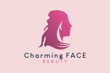 Woman face logo design and fashion woman silhouette for beauty with creative concept in pastel colors