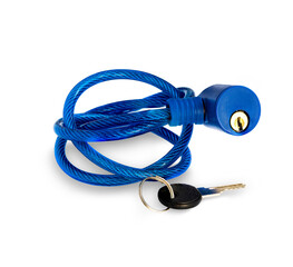 Flexible blue bicycle cable with key on white background. Protecting your bike from hacking.