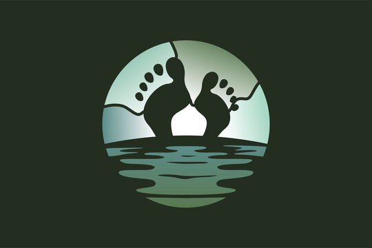 Night landscape design for travel or detective logo, silhouette of human footprints blends with night landscape vector illustration.