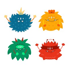 set of colorful funny fluffy cartoon monsters kids vector illustration