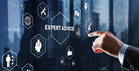 Expert advice. Businessman hand touching inscription on virtual screen