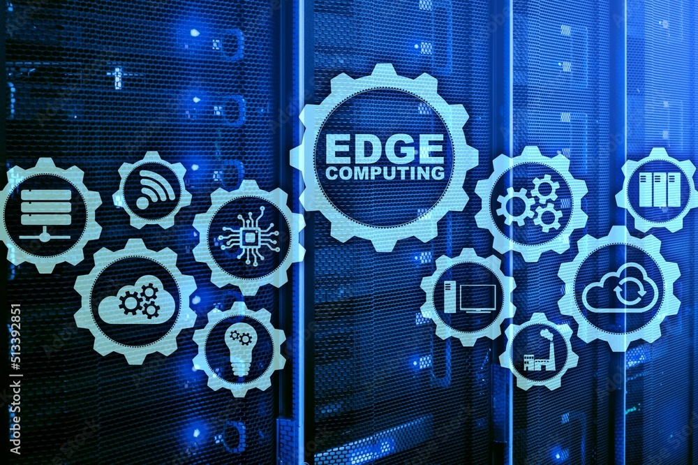 Poster edge computing on modern server room background. information technology and business concept for res