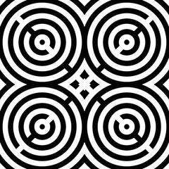 Black stylized circles on white background. Seamless circular surface pattern design. Symmetric geometric repeating rounds abstract. Rings wallpaper. Digital paper. Interior decorative board. Vector