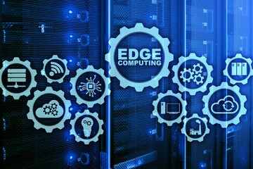 EDGE COMPUTING on modern server room background. Information technology and business concept for...