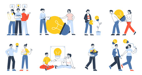 Business idea searching, creative thinking, light bulbs metaphor. People generating brilliant ideas and problem solution vector symbols illustration set. Creative idea research