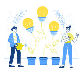 Creative idea generating, people grow and cultivate light bulb ideas plants. Characters plant good ideas vector symbols illustration. Brilliant ideas cultivating © GreenSkyStudio