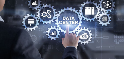 Data center mainframe server hardware infrastructure information communication technology internet concept. Mixed media