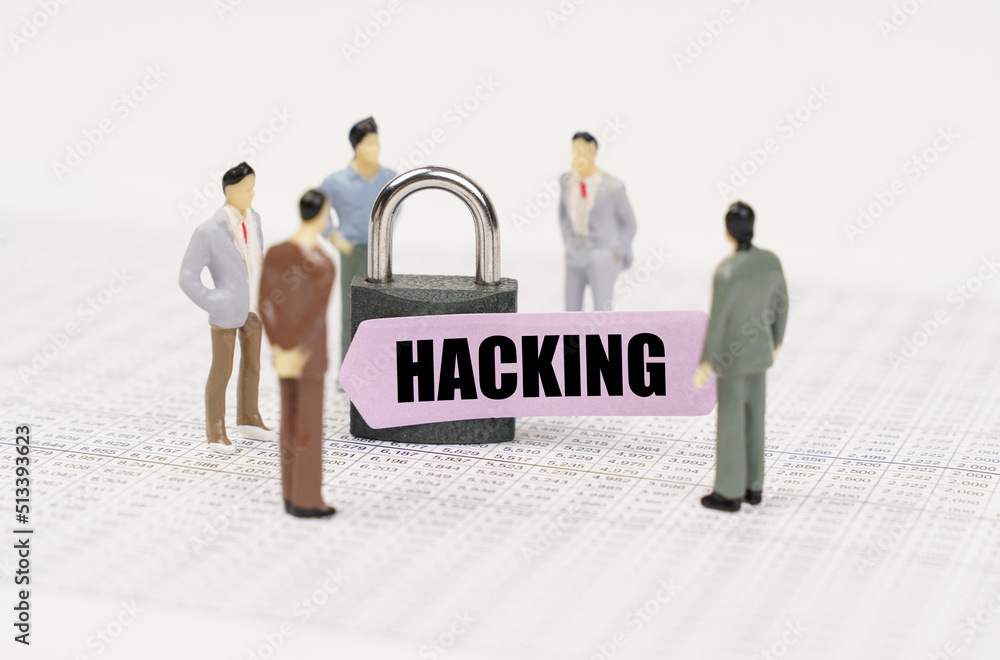 Poster there are figures of people on business reports, a padlock with a sticker on which it is written - h