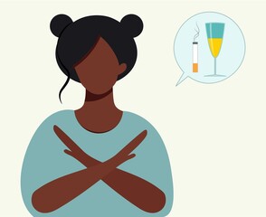 The African-American Woman refused to drink alcohol and smoke. Stop drinking wine and beer, smoking cigarettes for good health. The girl says no to alcohol and smoking. Isolated vector flat design